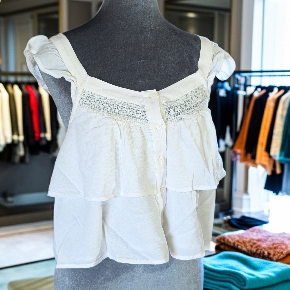 American Eagle Women's White Ruffle Cropped Sleeveless Blouse XS